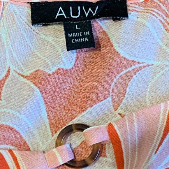 AUW Floral Sleeveless Tank Top Cutout Neck Sz L Orange & Pink Tropical #129M - Picture 7 of 9
